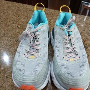 Hoka Light Gray Athletic Sneakers with Aqua and Coral Accents